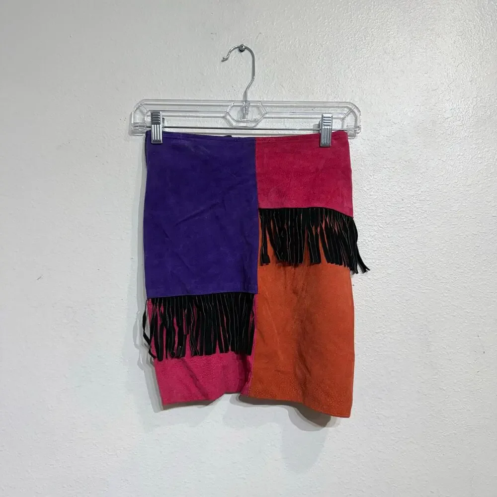 Vintage Colorblock Fringe Leather Mini Skirt Sz S